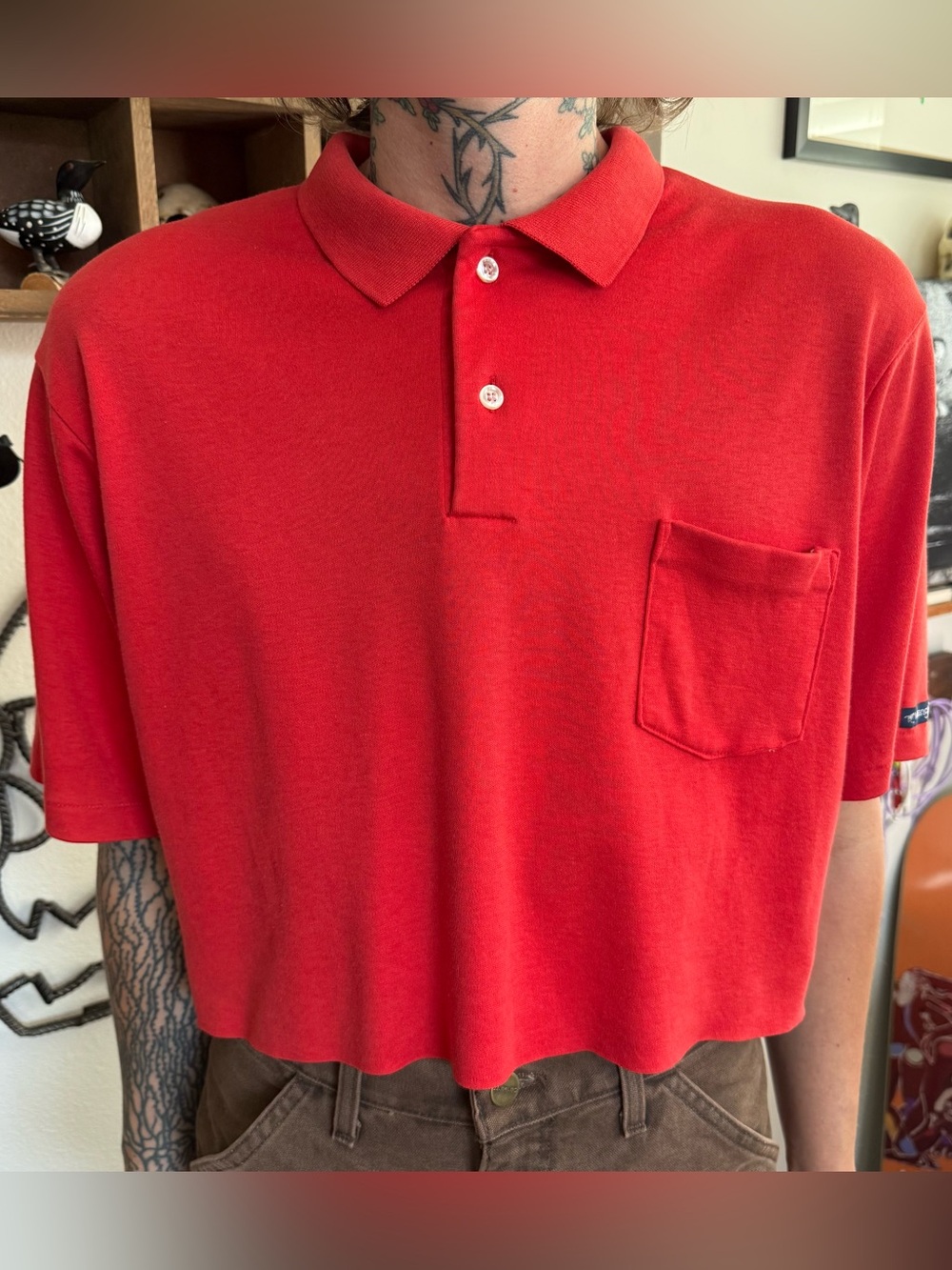 Vintage 80s Cropped Boxy Wrangler Red Pocket Polo ~ Size Large